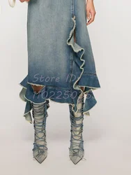 Denim Blue Cross-tied Riding Boots Solid Pointed Lace-up Stilettos Knee-high Boots 2025 Women New Catwalk Fashion Modern Shoes