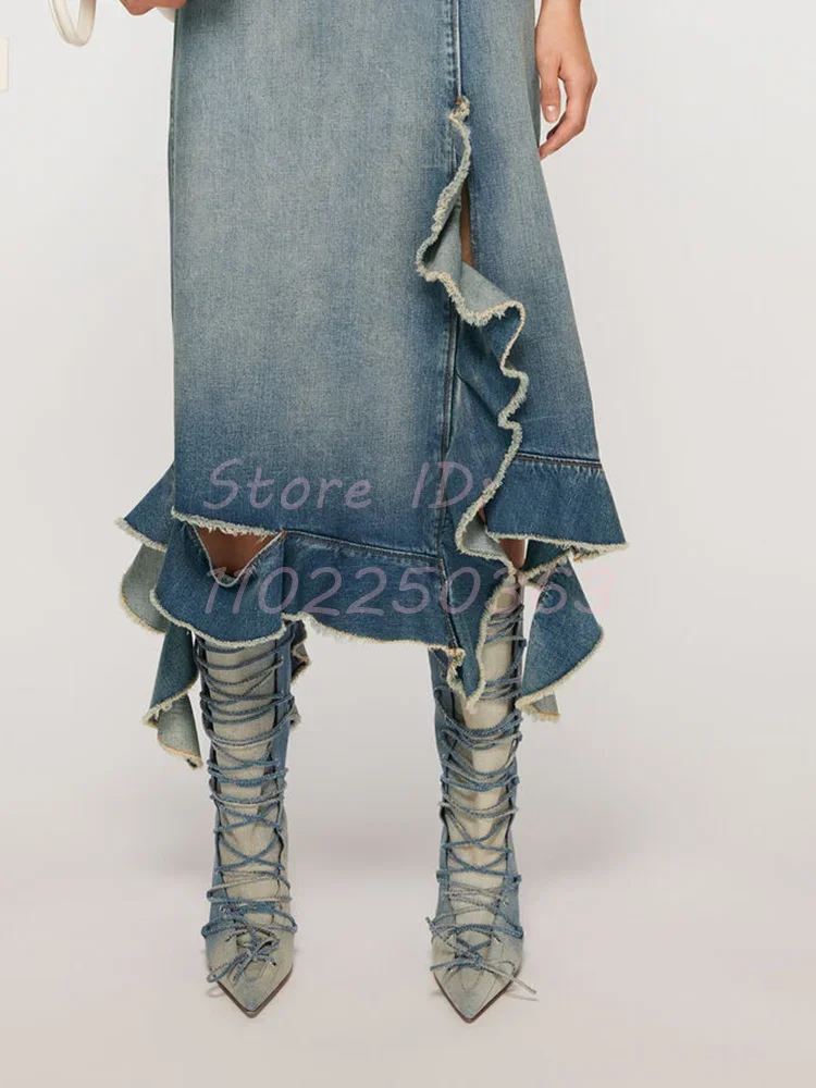 Denim Blue Cross-tied Riding Boots Solid Pointed Lace-up Stilettos Knee-high Boots 2025 Women New Catwalk Fashion Modern Shoes