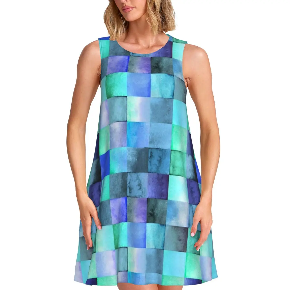 Colorful Geometry Dress Watercolor Square Trendy Dresses Spring Streetwear Oversize Tank Dress Hot Female Pattern Clothes