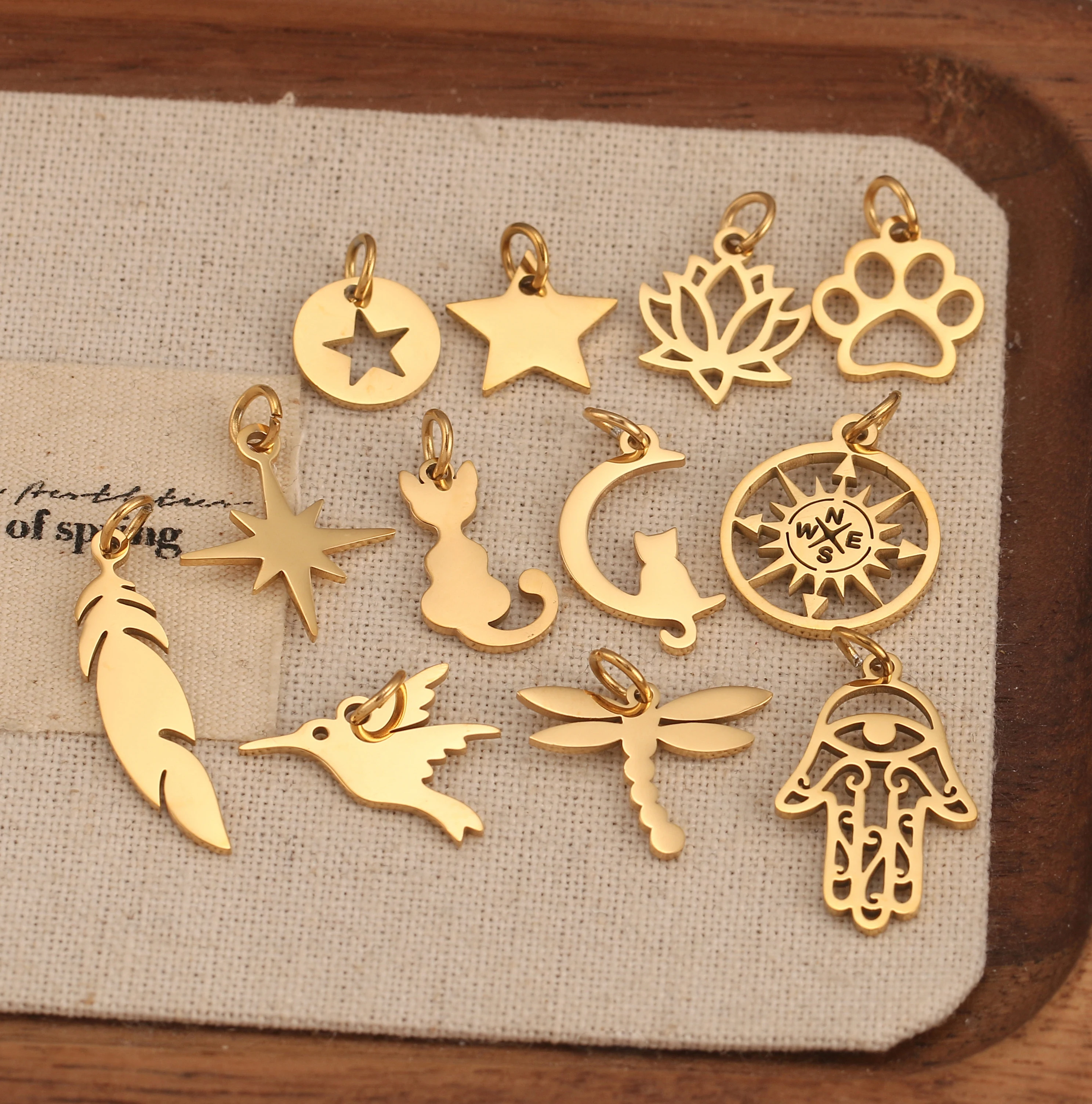 5Pcs/Lot Cat/Devil\'s Eye/Compass/Puppy Paw Footprint Charms With Jump Ring Stainless Steel Pendants for DIY Jewelry Craft Making