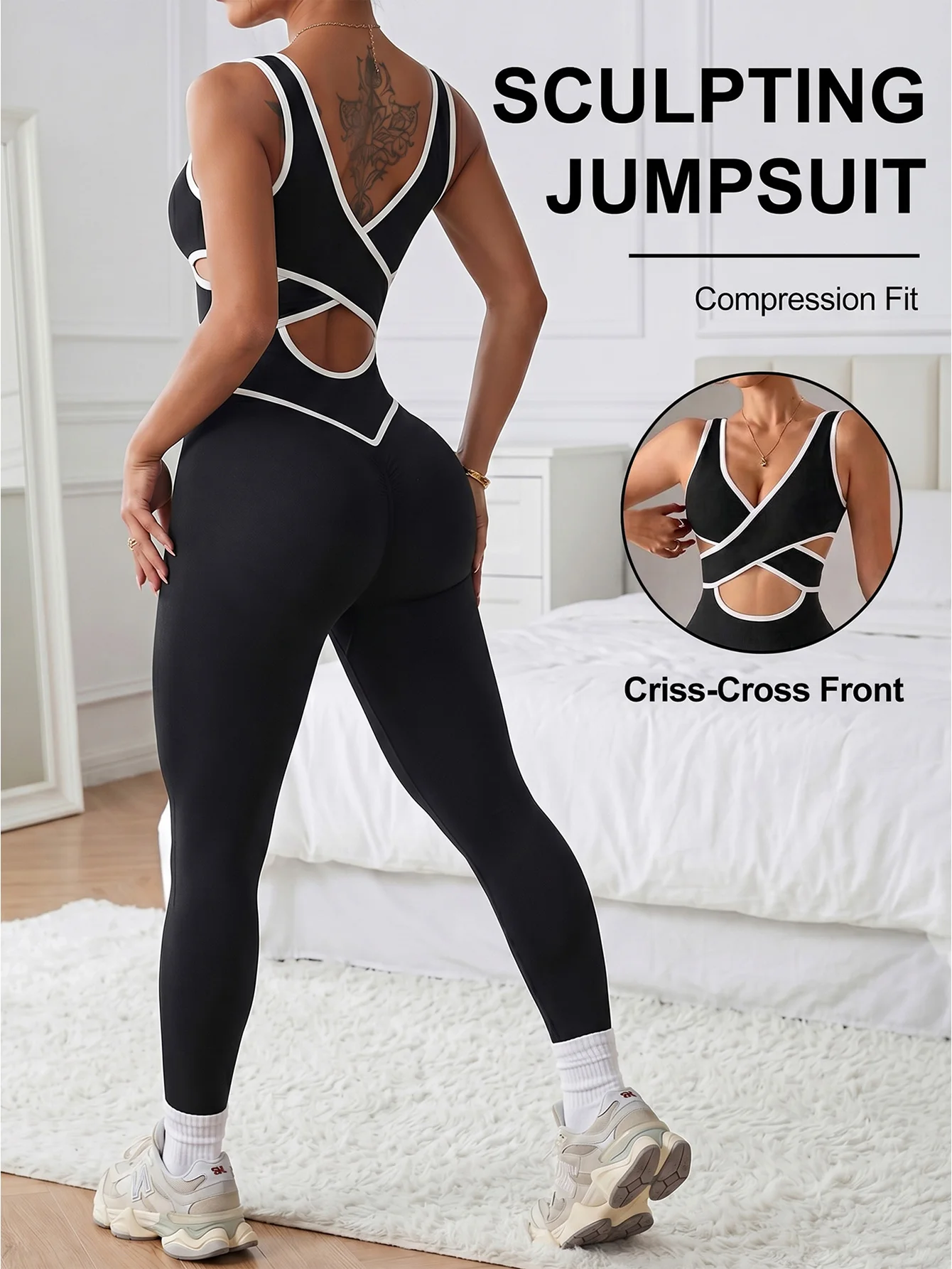 Damen Criss-Cross Cutout Kontrast-Piping Workout-Jumpsuit Ärmellos Formender Yoga-Bodysuit – Detail 2
