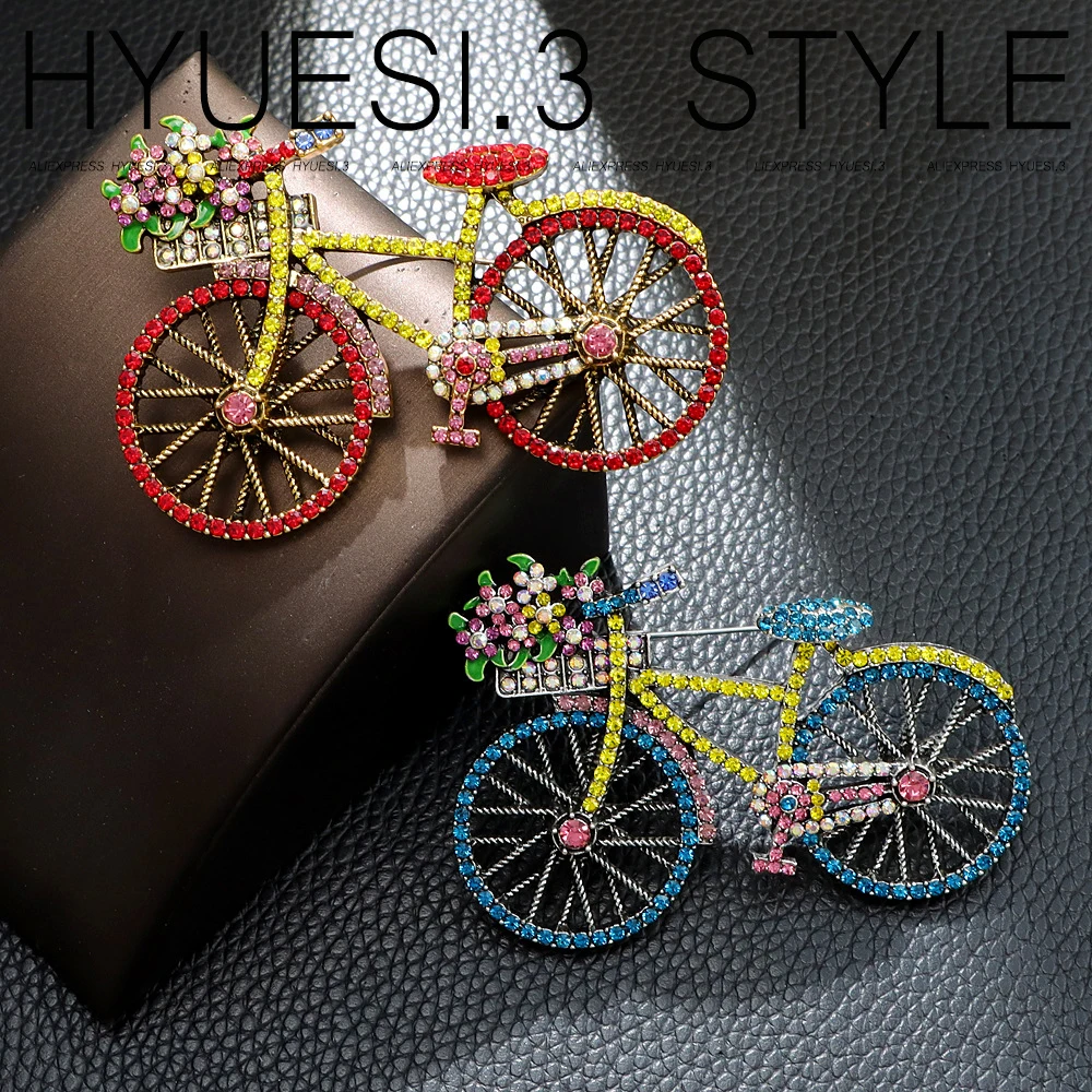 Creative Bicycle Shaped Brooch Colorful Full Rhinestone Lapel Pins Badge For Women Dress Sweater Clothing Decorative Accessories