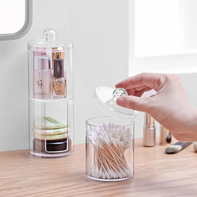 Transparent Bamboo Makeup Cotton Swabs Box Organizer Cosmetics Cotton Pads Holder Acrylic Qtip Container Bathroom Organizer