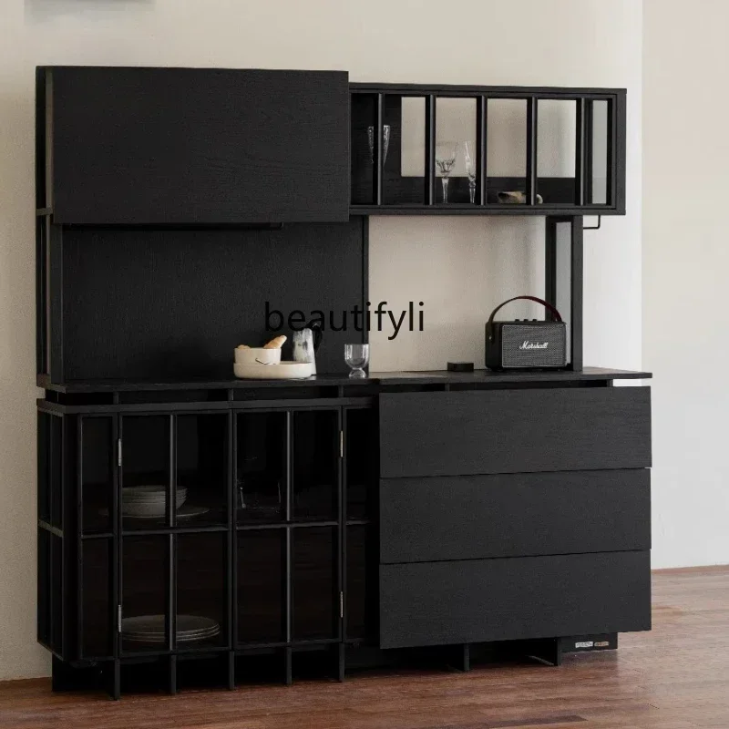 K185 Cabinet Sideboard Black Wall-Mounted Integrated Kitchen Solid Wood Light Luxury High-End Feel Rock Slab Storage Cabinet