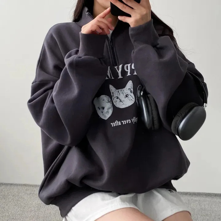 Women Hoodies Office Lady Loose Coat Hooded Sweatshirts Cartoon Cat Printed Pullover 2024 Spring Femal Thicken Clothes