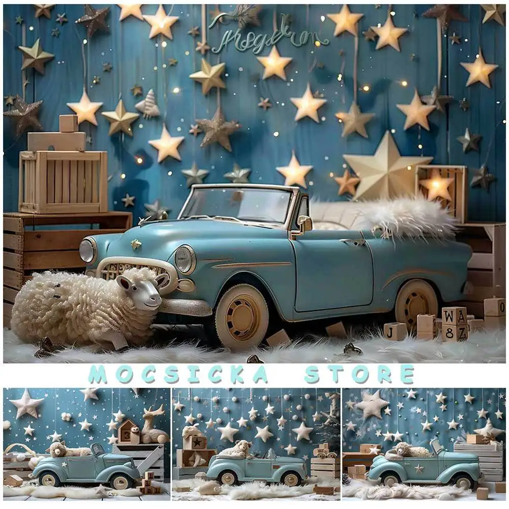 Mocsicka Photography Background Blue Wall Car Stars Car Baby Newborn Portrait Backdrop Party Decor Photo Studio Photoshoot Props