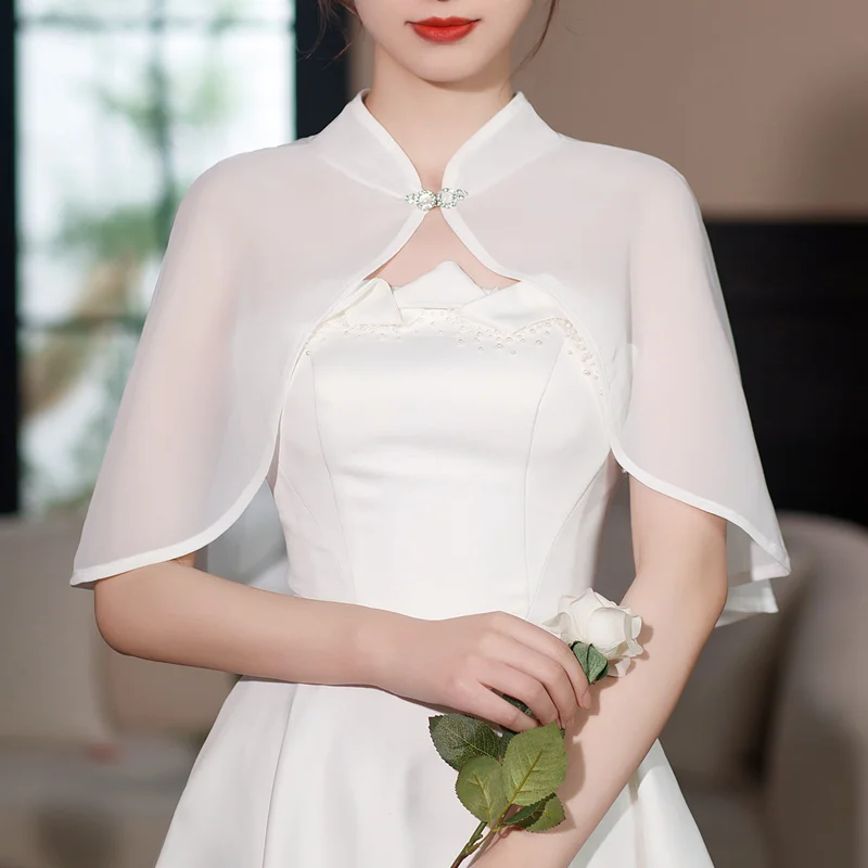 Elegant Lace Mesh White Shawl Stand Collar Sheer Cape Fashion Bride Wedding Party Dress Shoulder Wrap