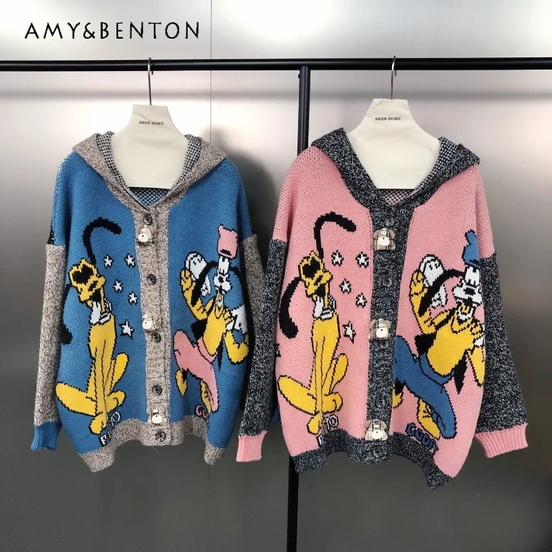 

Autumn New Japanese Retro Single-Breasted Knitwear Ladies Age-Reducing Cartoon Jacquard Color-Block Hooded Loose Sweater Jacket