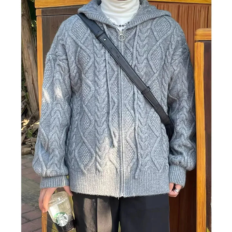 

Осенний большой размер 250, легкий матури, повседневный вязаный мужской кардиган с капюшоном, корейский свободный свитер на молнии