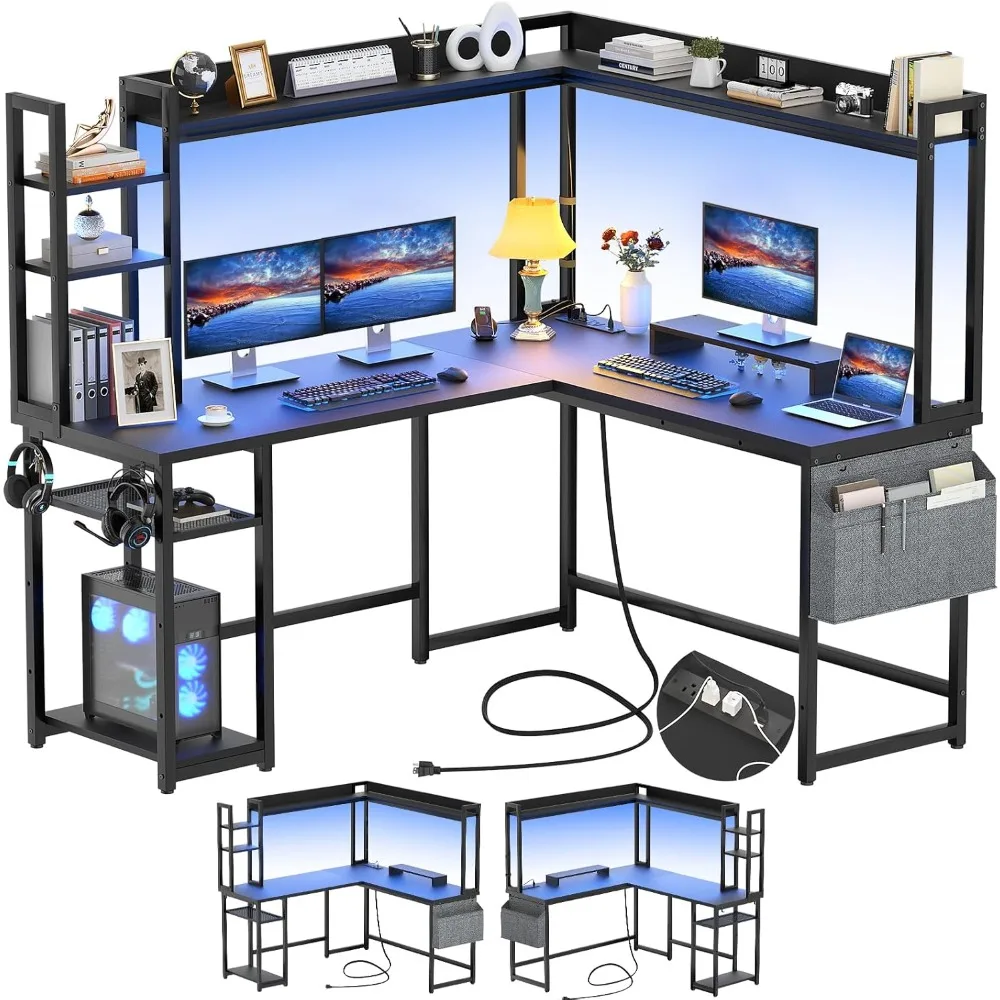 

L Shaped Desk with Power Outlet, L Shaped Gaming Desk with Led Light & Hutch, Reversible Home Office Desk, Corner Computer Desk