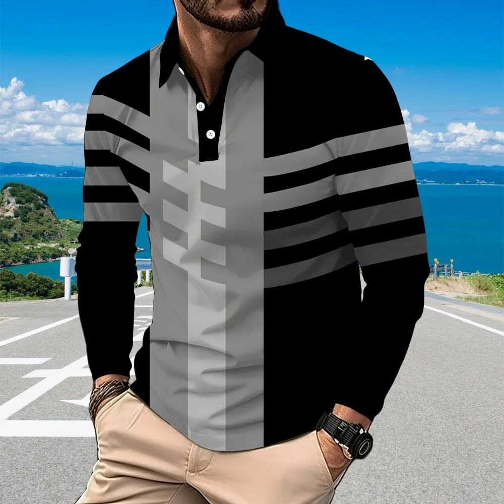 Fashion Black Striped Print 2026 Golf Wear Men White Collar Buttons Polo Shirt for Men Office Lapel Long Sleeves Men's Clothing