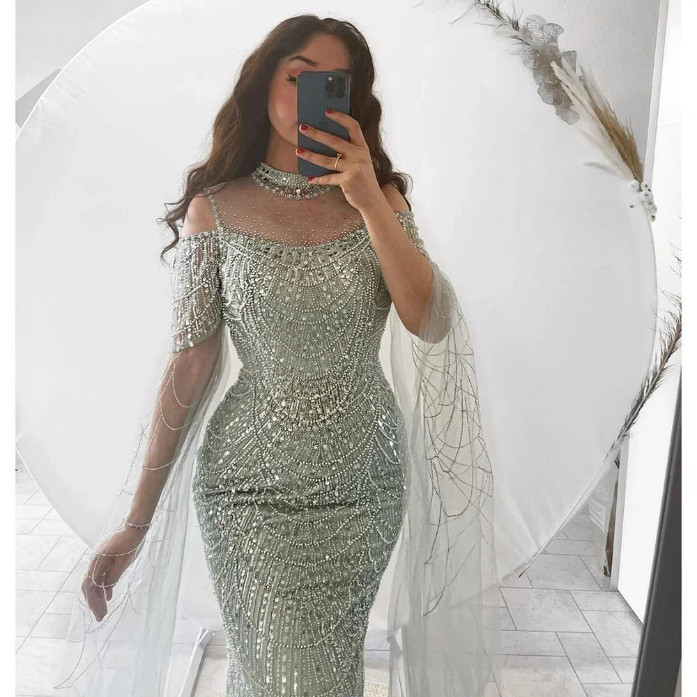 Customized Elegant Mermaid Evening Dress With Cape Sleeves 2024 For Women Beads Pearls High Neck Long Formal Prom Wedding Party