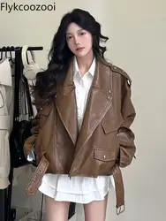 American Coffee Color Locomotive Leather Coat Woman 2024 Spring New Loose Temperament Jacket Top Winter Clothes Women