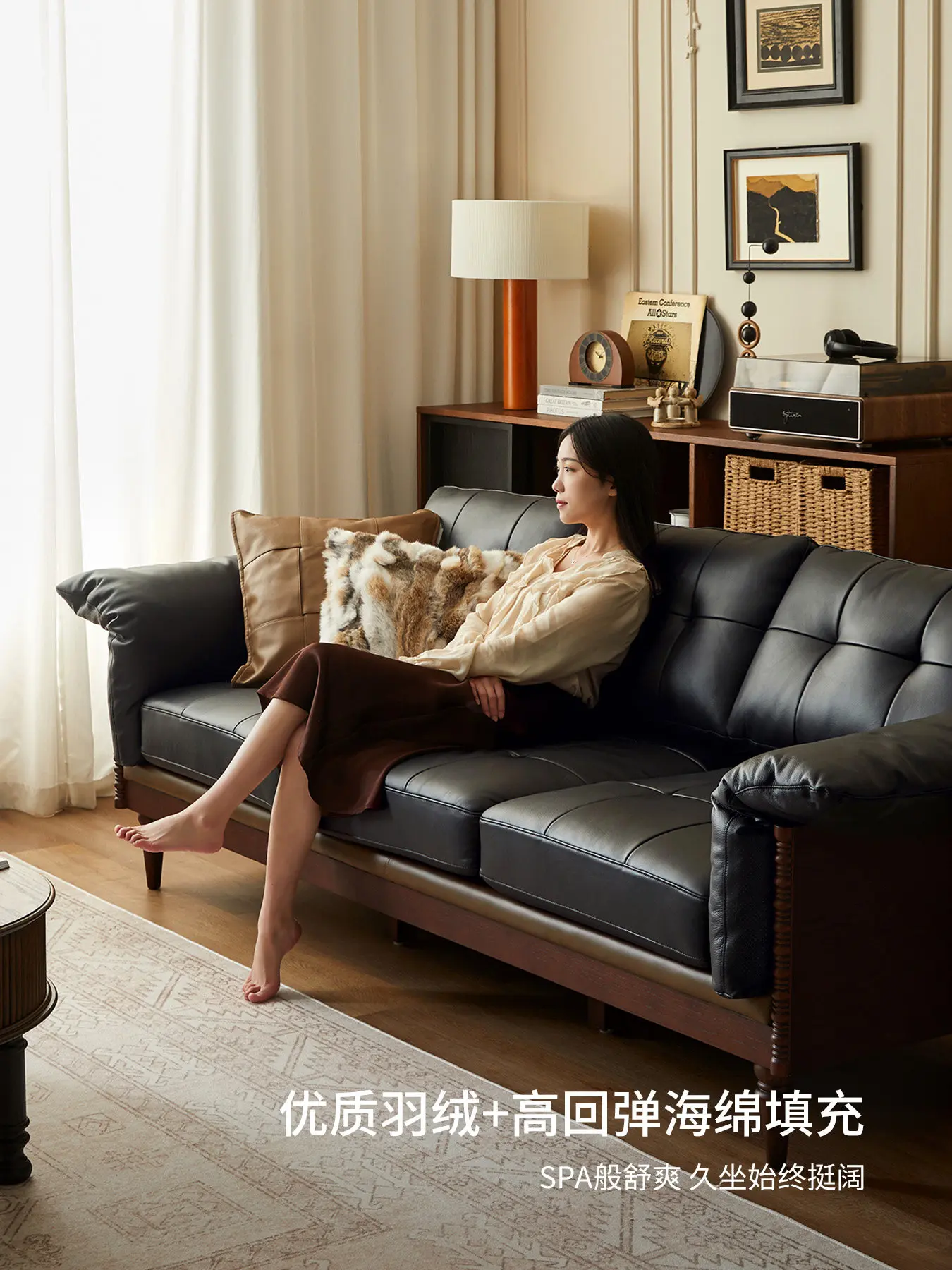 HYS French retro leather sofa small apartment living room home solid wood sofa medium antique cowhide sofa