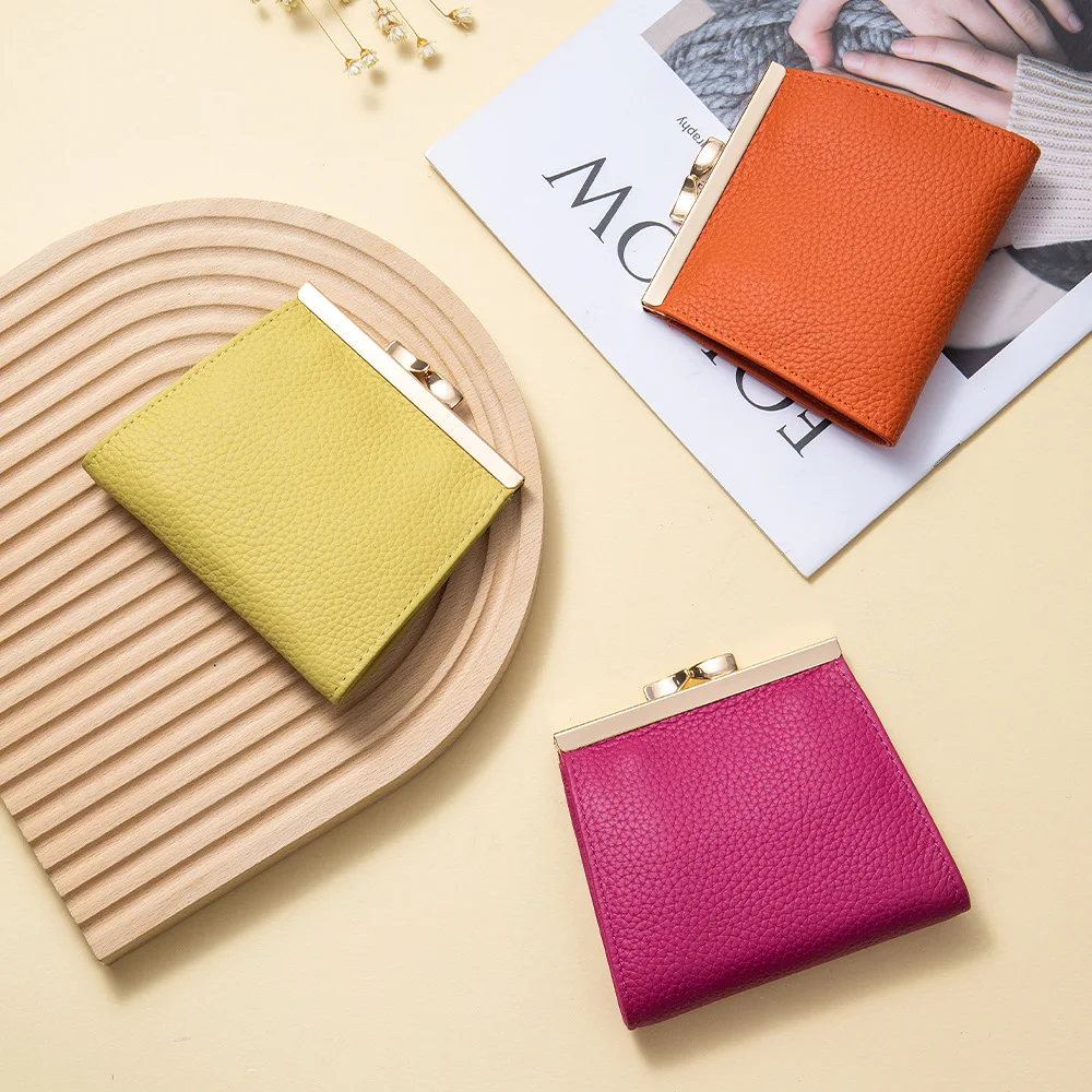 Lady Coin Wallet Cowhide Lychee Pattern Compact Coin Purse For Women Genuine Leather Fashion ID Holder Business Card Case