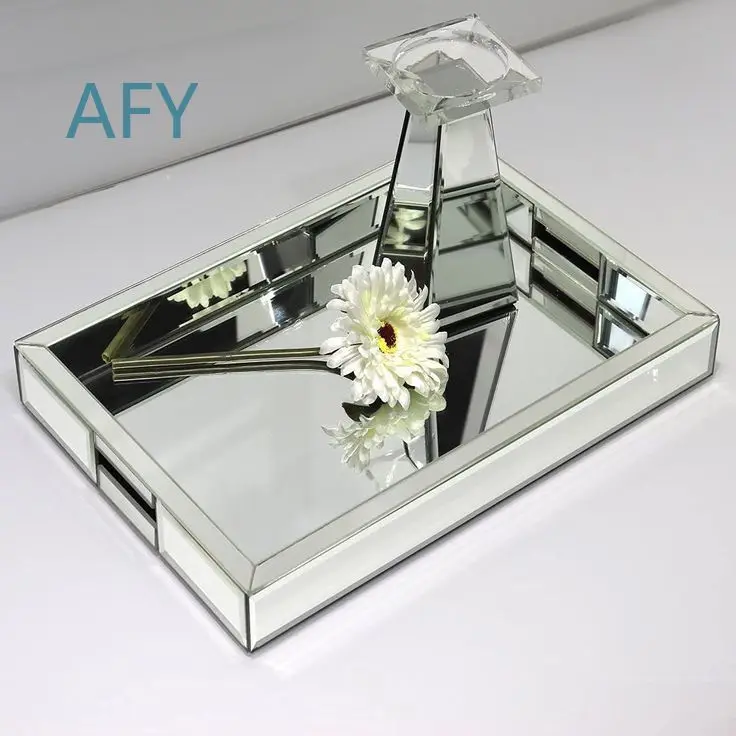Silver Glass Tray for Desktop Storage Decoration Mirror Plate Home Office Organizer Desk Accessory Decorative Serving Tray