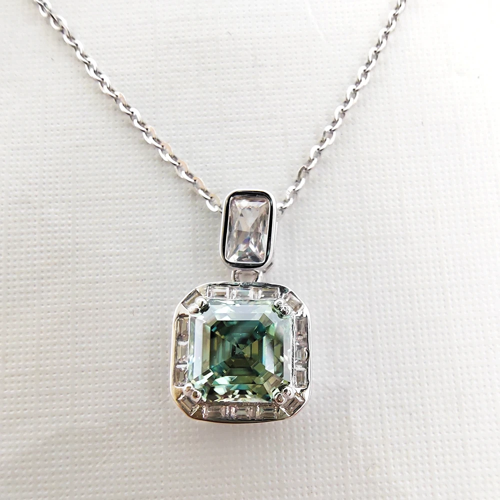 2ct Green Moissanite Necklace for Women 8MM Asscut Square Diamond Anniversary Birthday  Jewelry 100% S925 Silver Plated 18K Gold