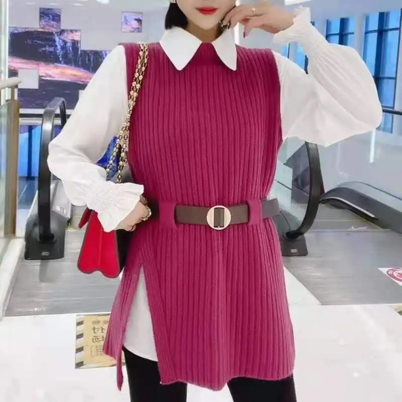 2023 Spring and Autumn Women\'s Set Solid Color Sleeveless Sweater Vest Shirt Long Sleeve Belt Fashion Casual Two Piece Set