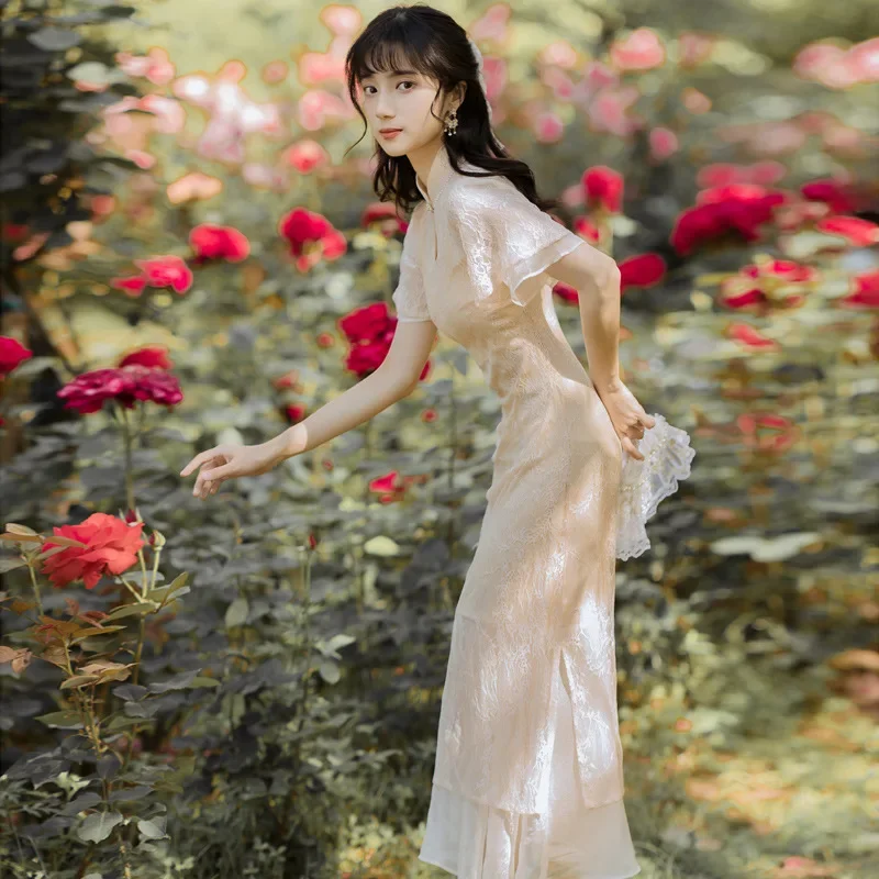 French Short Sleeve Long Vintage Style Qipao Daily Youth Edition Improved Dress for Girls 2024 New Cheongsam