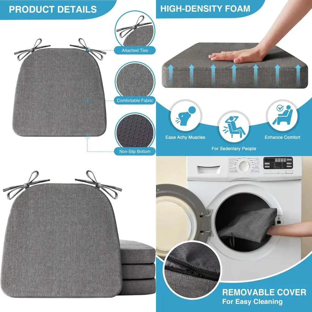 

Набор из 4 нескользящих подушек для обеденных стульев 17x16x2, подушечки для внутреннего кухонного сиденья с завязками, D-образные подушки, темно-серые