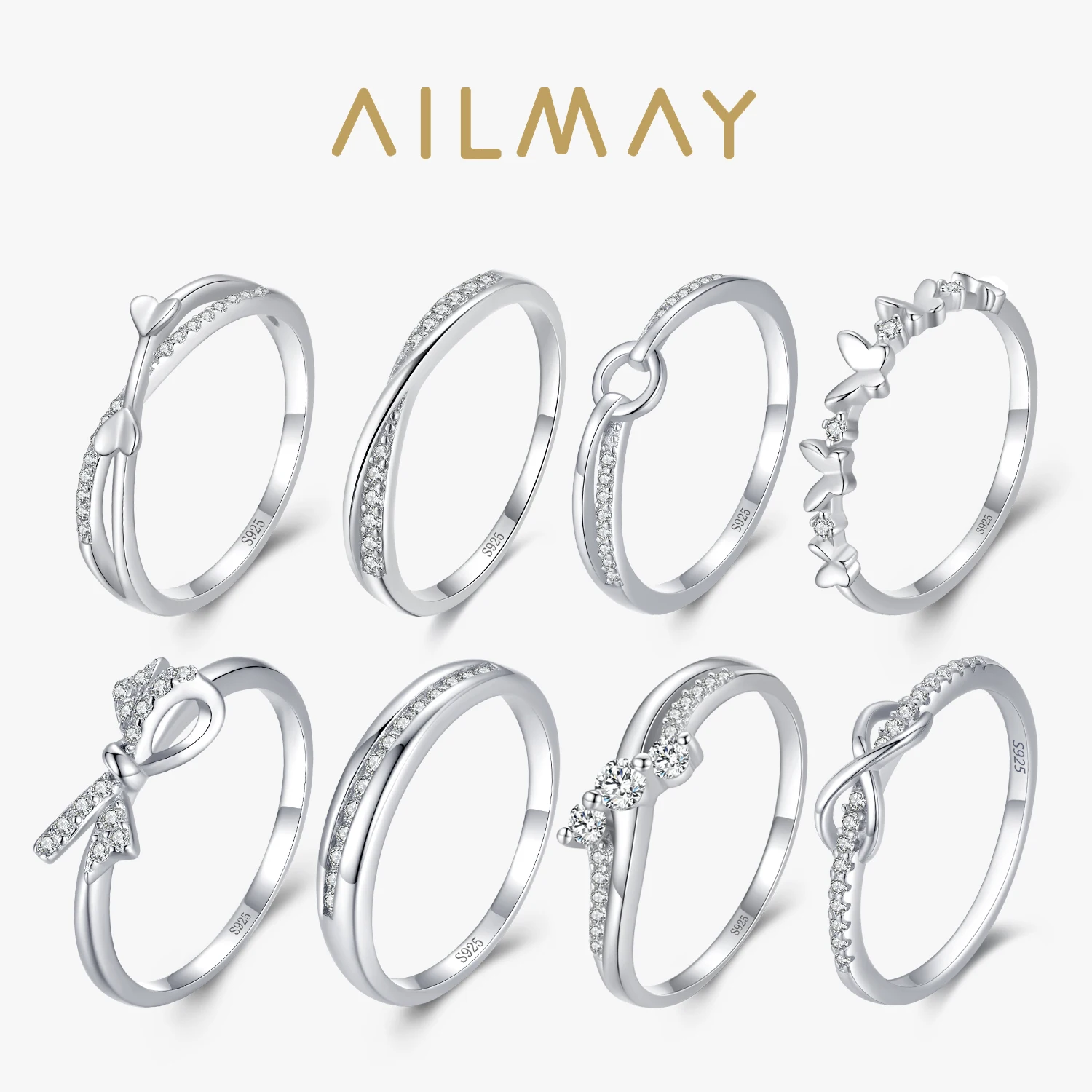Ailmay Fashion 925 Sterling Silver Romantic Bowknot Stackable Shiny CZ Finger Ring Dla kobiet Drobna biżuteria Prezent walentynkowy