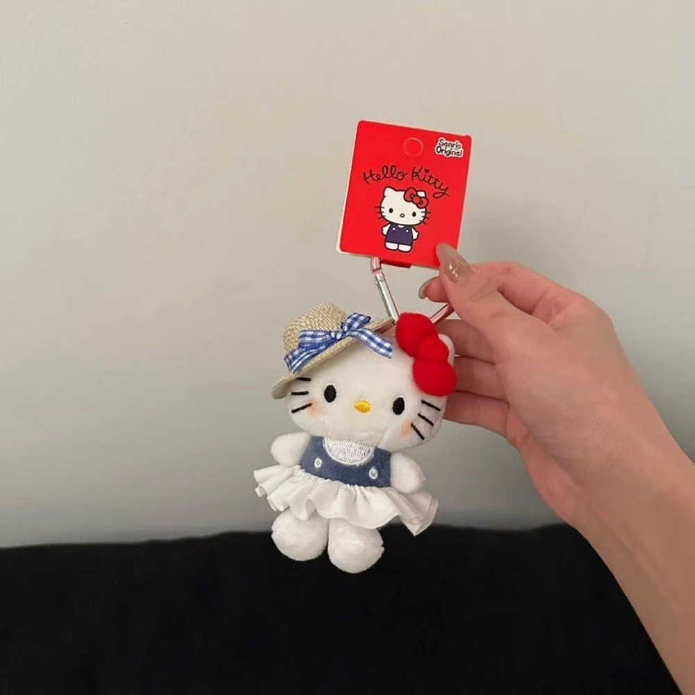 Hello Kitty Sanrio 10Cm llavero de felpa sombrero de paja muñeca Kawaii colgante Anime dibujos animados Plushie juguete regalos de navidad para niños