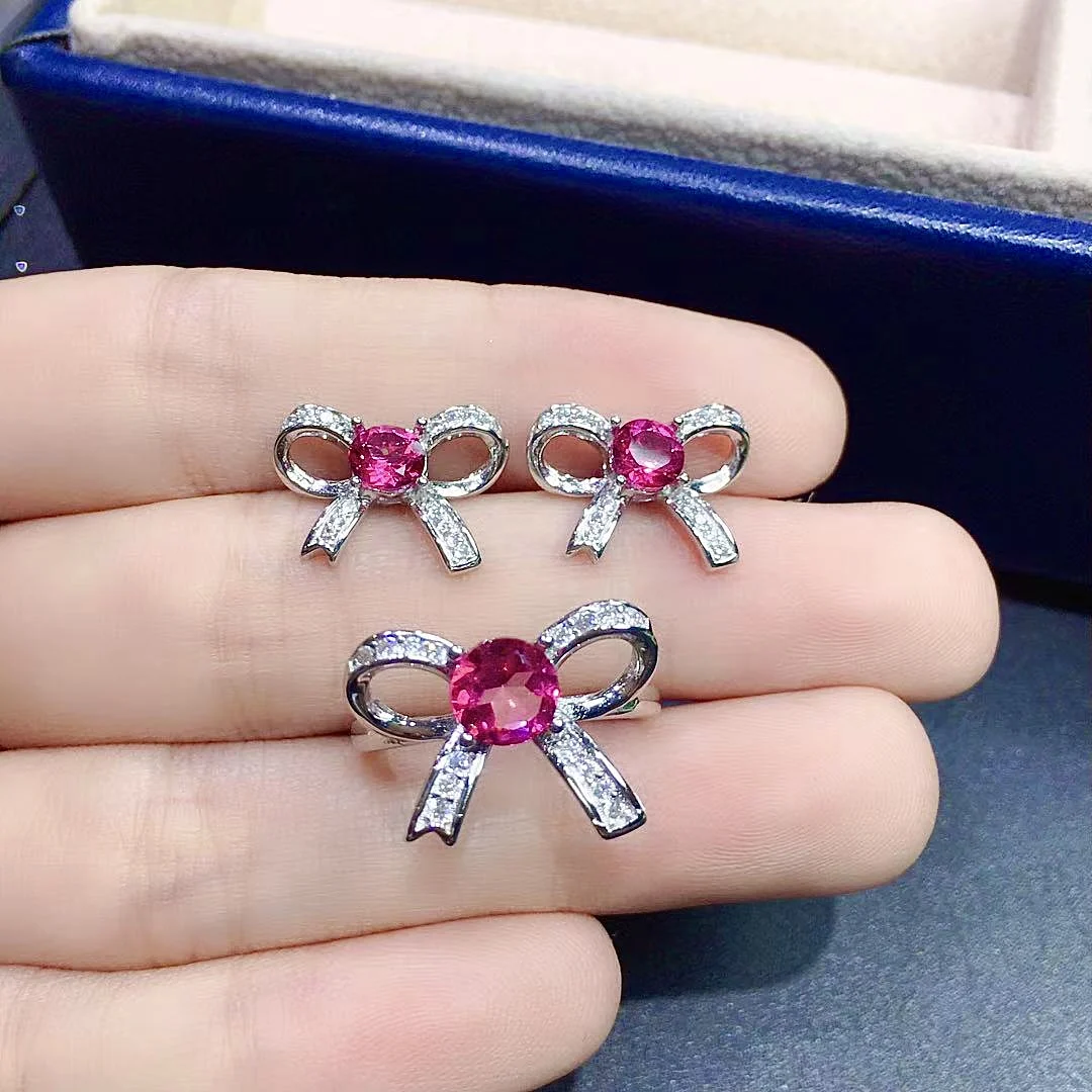 

5mm and 6mm Pink Topaz Ring and Earrings Jewelry Set Natural Topaz 925 Silver Jewelry Set for Party Woman Birthday Gift