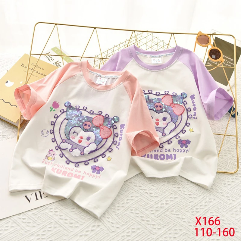 

2024 Summer Kawaii Kuromi Short Sleeve T-Shirt Sanrio Anime Print Tops Girl Heart Sweet Cute Cartoon Babys Half Sleeve Kid Gift