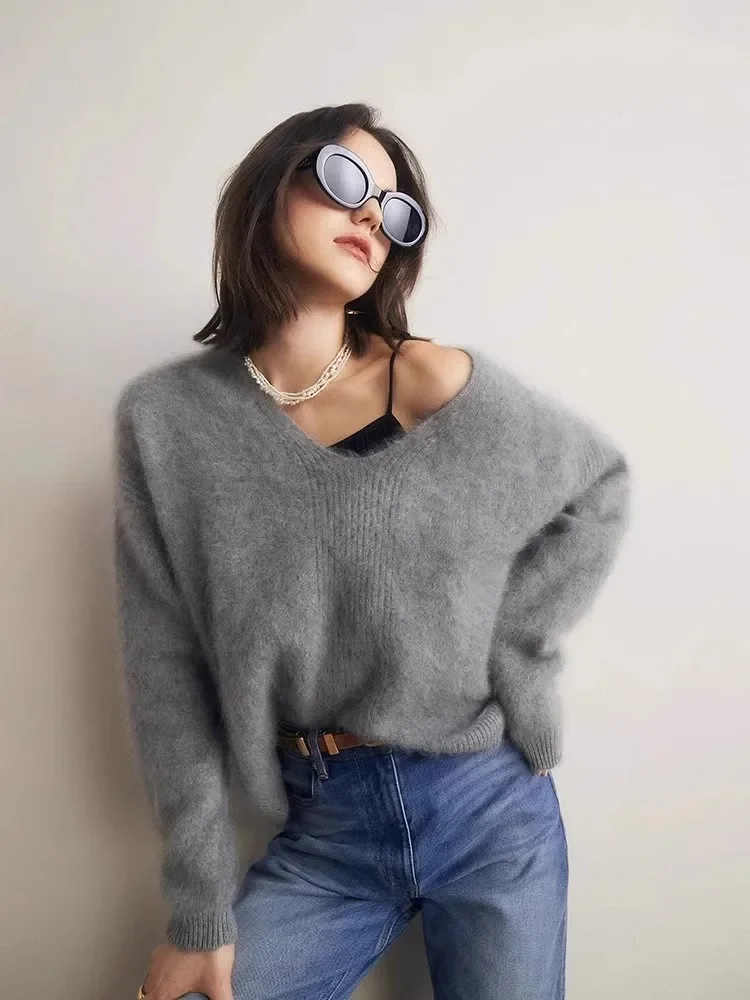 High End Soft And Sticky Imitation Mink Fur V-Neck Sweater For Women'S Autumn And Winter New Thick And Loose Knitted Top