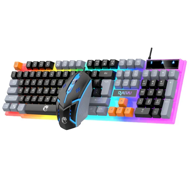 Teclado único e teclado mouse RAIKU T26 Teclado luminoso de três tons Mouse com fio Mecânico Touch Gaming Mouse Conjunto de teclado