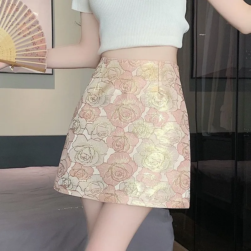 Chinese Style Jacquard Skirt 2026 New Summer Women High Waist A-line Skirts Female Vintage Embroidery Skirt Girls Short Skirt