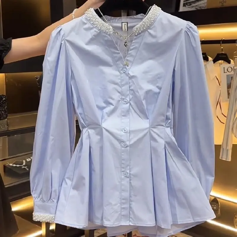 

Blue French Style Pleated Shirt Women's Spring Autumn New Design Sense Beading Round Neck Chic Top Long Sleeve Versatile Blouse