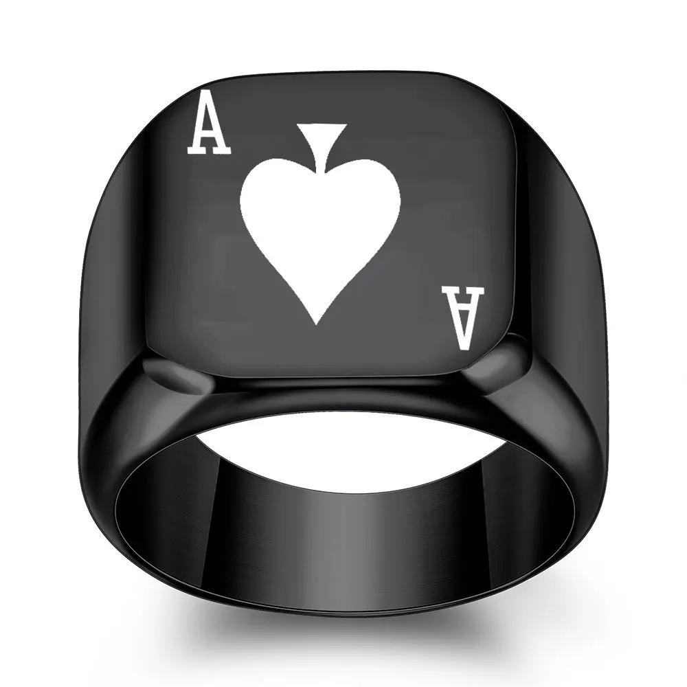 Punk Ace of Spades Titanium Steel Ring Men\'s Lucky Playing Card Square Ring Jewelry