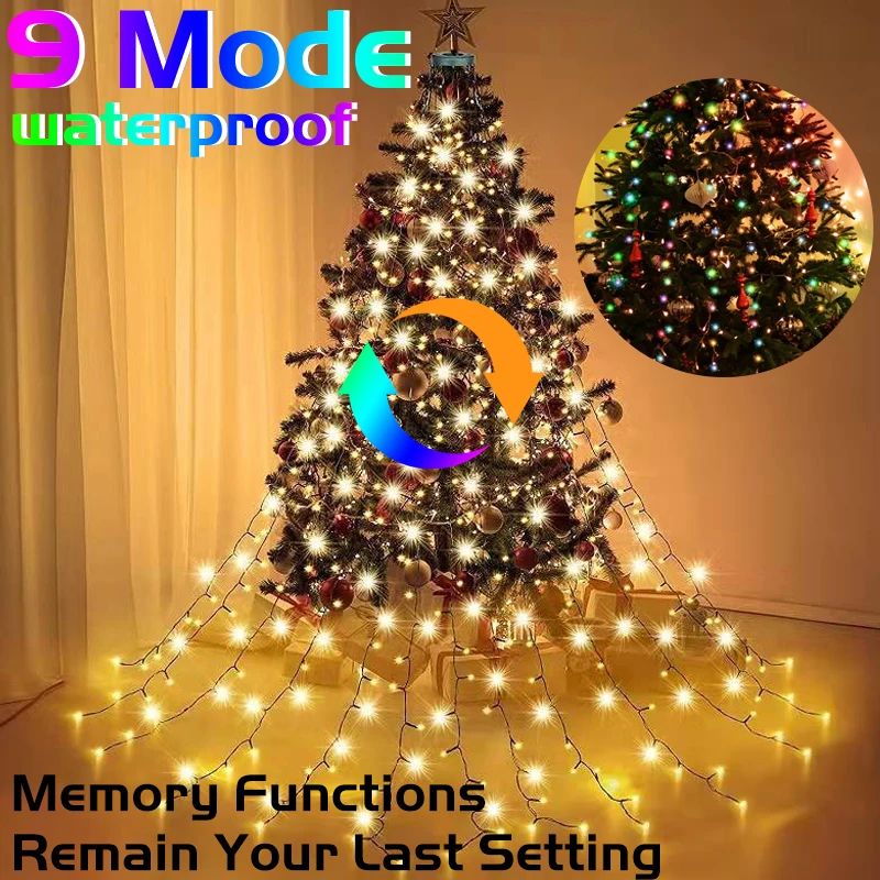 Christmas Waterfall Star Lights Topper Flowing Star Rain LED String Lights 9Modes Window Curtain Icicle Light Outdoor Decoration