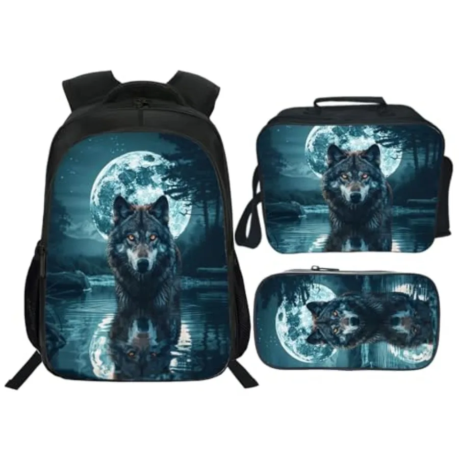 

Wolf Backpack Animals Schoolbag with Lunch Box Bag Pencil Bag 3pcs Bookbag Sets for Boys Girls