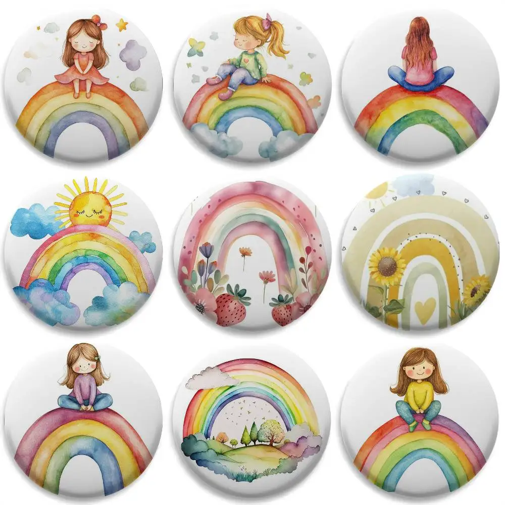 

Rainbow Cartoon Girl CUTE Badges Round Exquisite Badge Brooches Creative Pins For Clothes Hat Backpack Gift Accessories