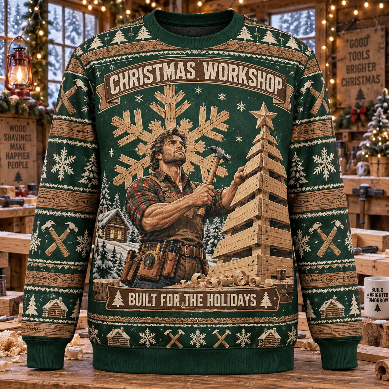 Woodworking Gifts For Men - 「醜いクリスマスセーター」カーペンター・ウッドワーカー柄、クルーネック、ポリエステル製、3Dプリント、ワークショップ、ホリデー、プルオーバー、ギフト、メンズ