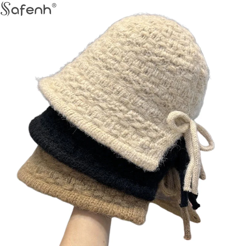 

1 шт., новая вязаная шерстяная модная шапка для женщин, однотонная зимняя панама на зиму, теплая с бантом, шерстяная шапка для бассейна