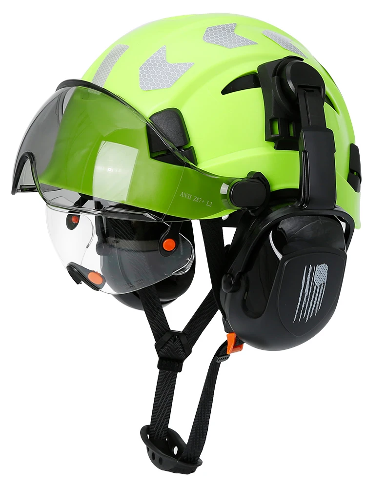 Kask ochronny z wizjerami Wbudowane gogle Nauszniki Naklejki redukujące hałas dla inżyniera ABS Hard Hat ANSI Industrial Work Cap — 2