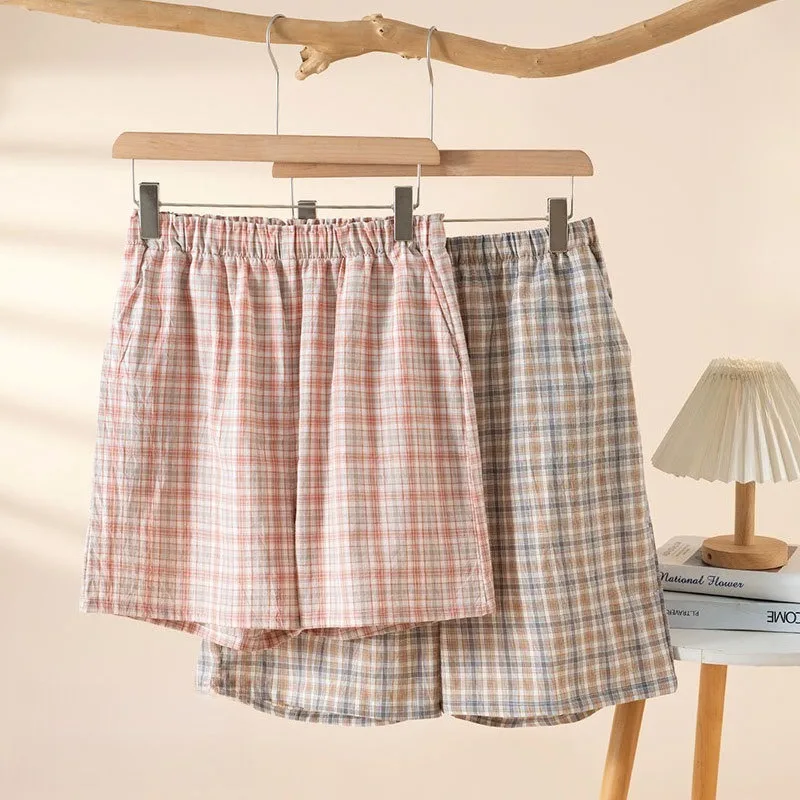 Ladies Pure Cotton Checked Lounge Shorts, Comfortable Skin-Friendly Relaxed Fit Pajama Bottoms with Elastic Waist for Summer