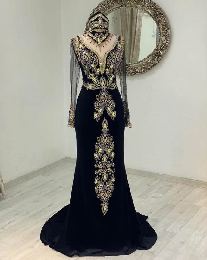 Black Illusion Long Sleeve Caftanmarocain Prom Dresses with Remove Train Lace Applique Crystal Mermaid Henna Evening Gown