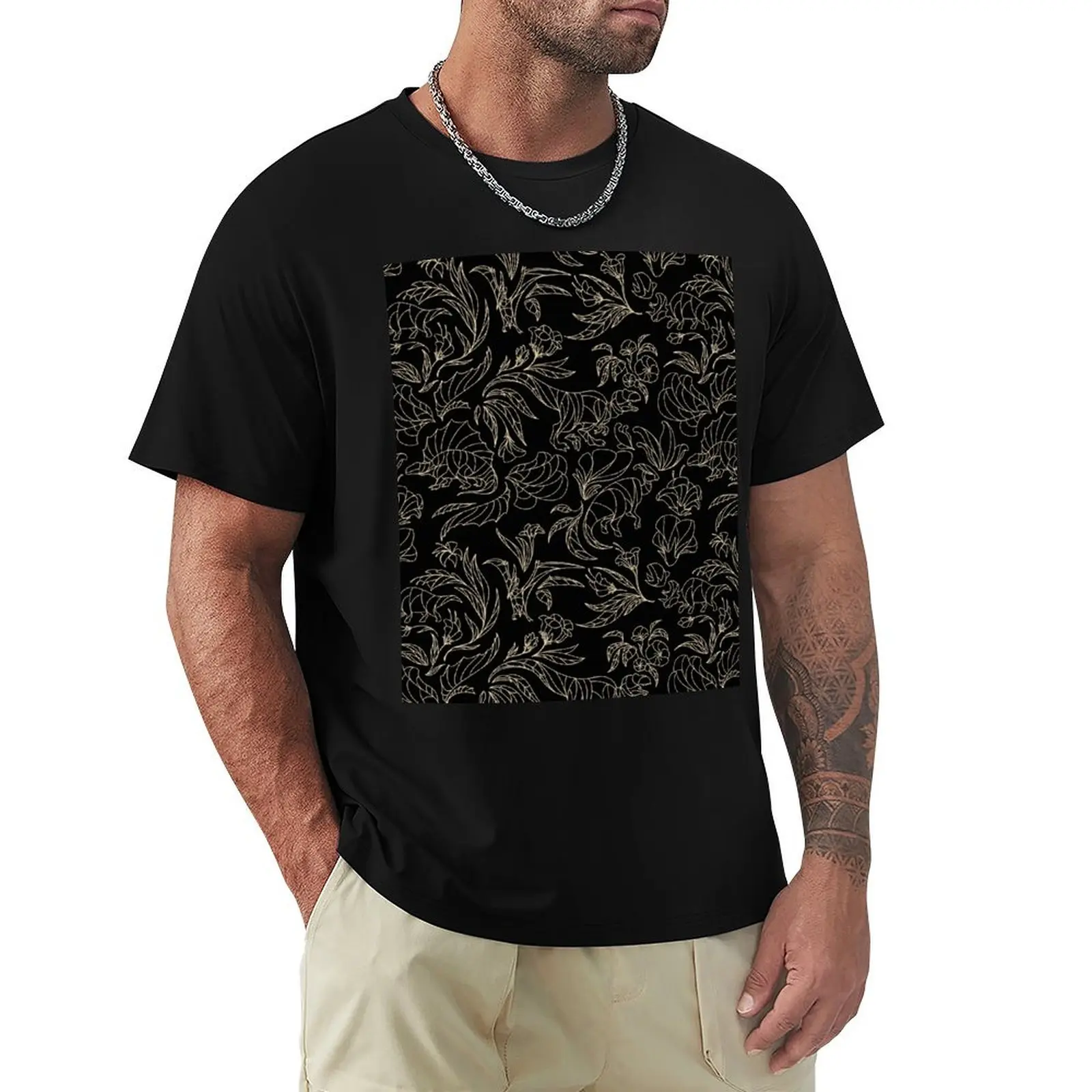 Hidden Dinosaurs - Elegant Floral Pattern - Black and Gold T-Shirt Athletic Quick Dry T-Shirt for Men