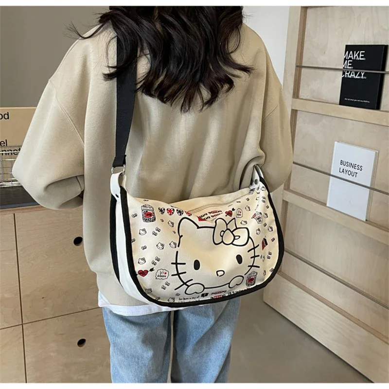 Sanrio Hello Kitty Canvas Handbag Cute Cartoon Bags for Women Fashion Charm Shoulder Bag Messenger Bag Girl&Child Holiday Gifts