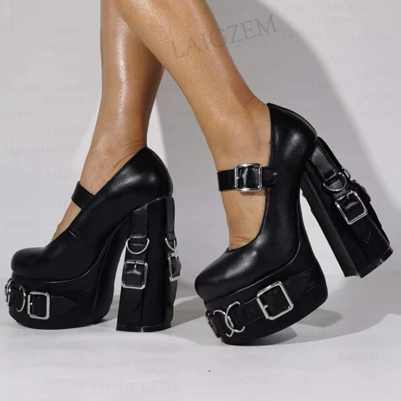 SEIIHEM Women Pumps Faux Leather Platform Buckle Straps Chunky High Heels Sandals Gothic Ladies Shoes Woman Big Size 41 43 45 47