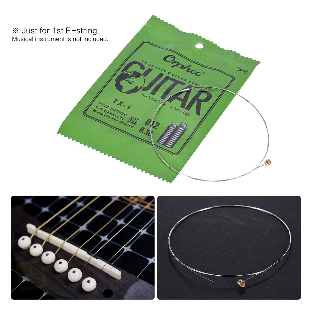 Orphee TX-1 Single String Replacement for Acoustic Folk Guitar 1st E-String (.010) 10-Pack High-carbon Steel Core 75/25 Phosphor