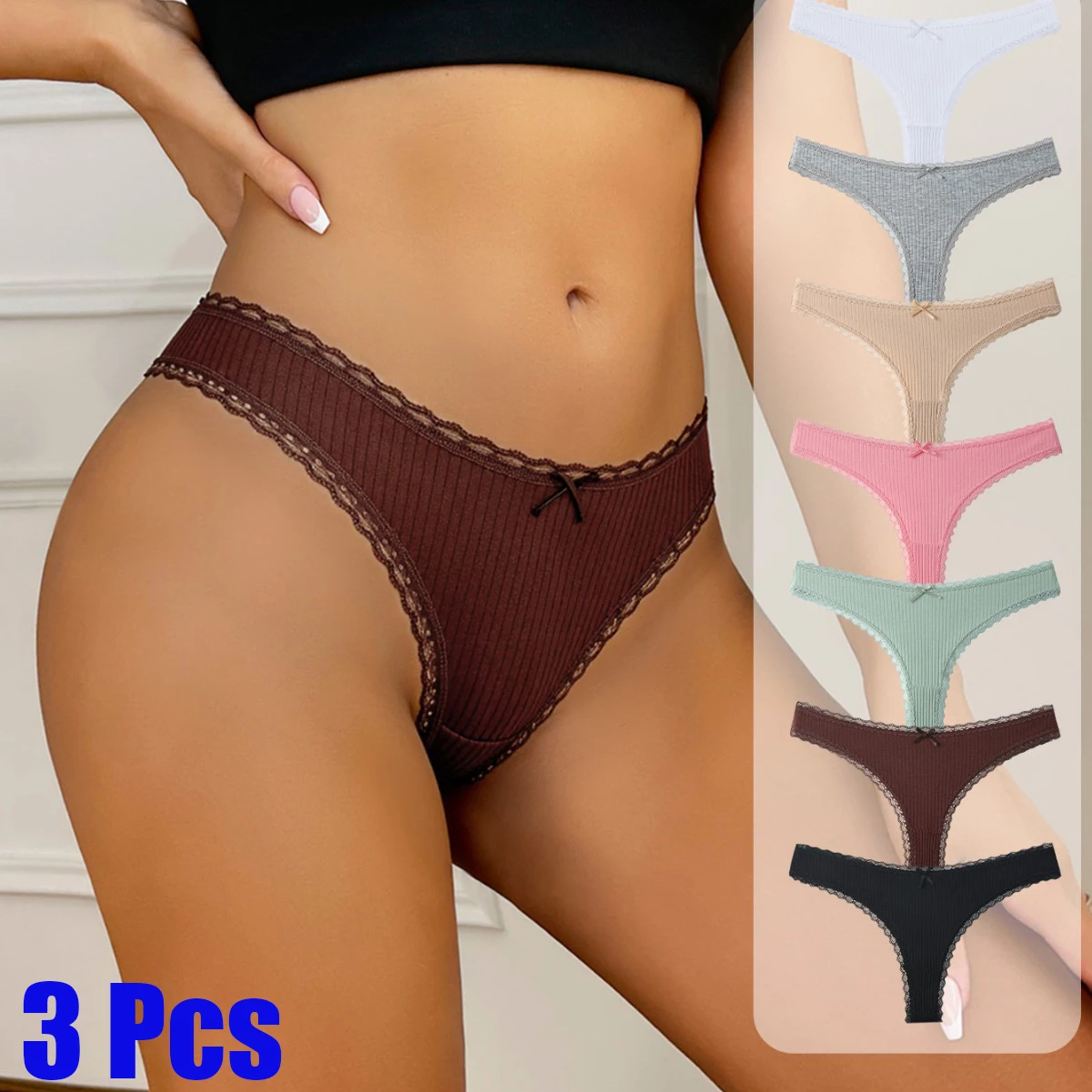3PCS/SET Women Sexy T-back Panties Cotton Breathable Underwear Solid Color Low Waist Briefs With Bow Lace Trim