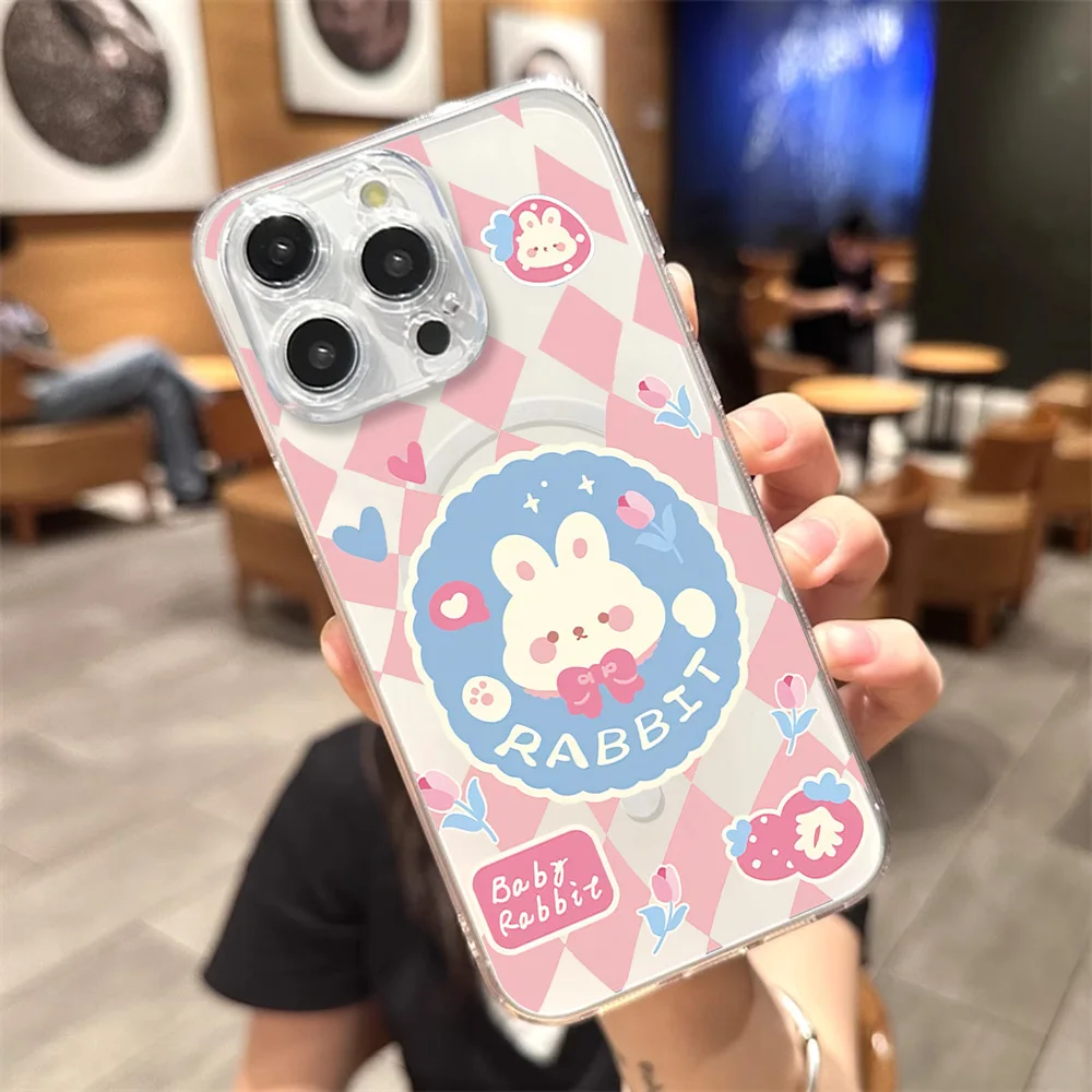 Cute Cartoon Rabbit Bear Duck Phone Case for iPhone 12 11 13 14 15 16 Max Pro Plus Transparent Magsafe Magnetic Wireless Cover