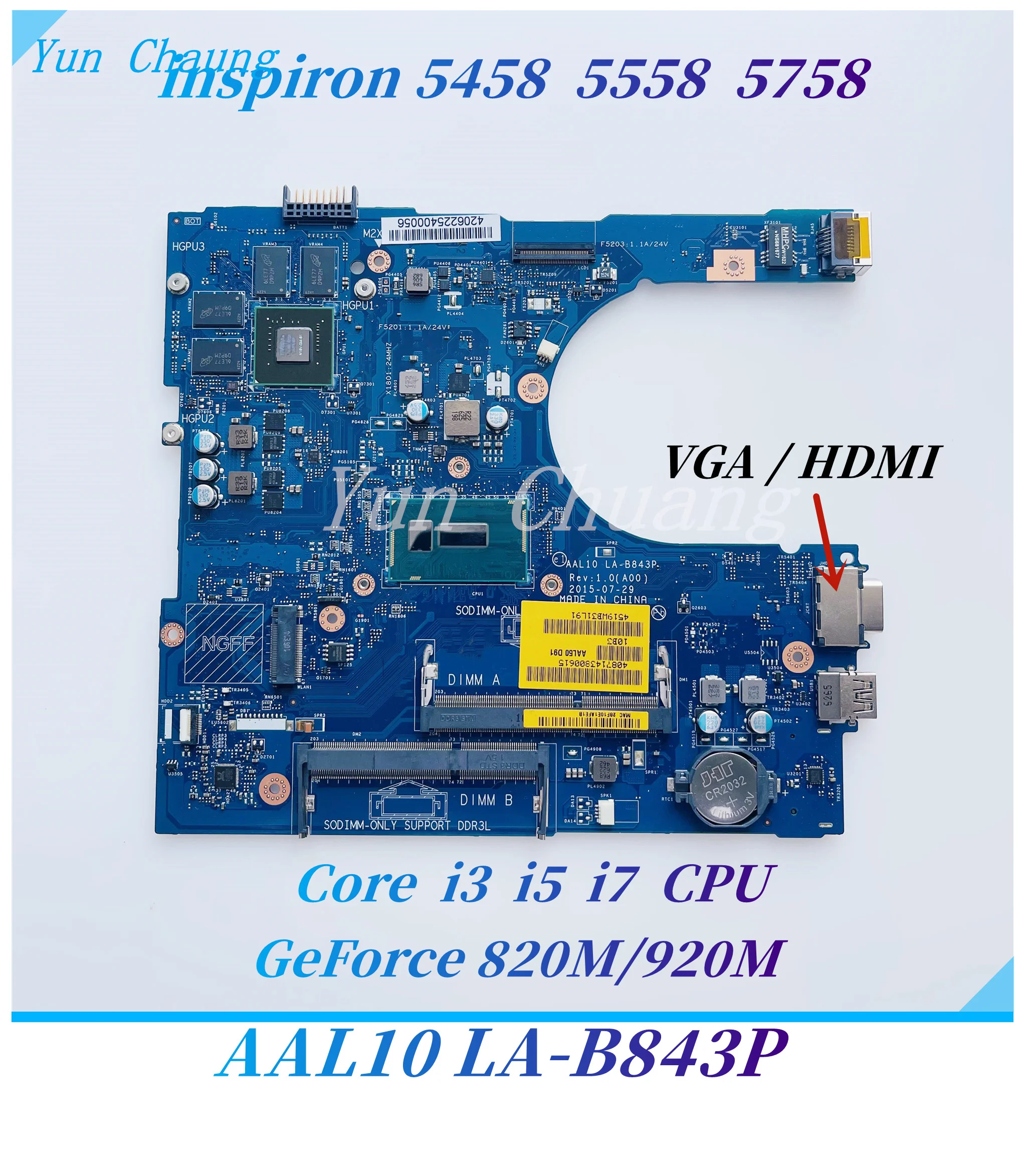 AAL10 LA-B843P For Dell inspiron 14 5458 15 5558 17 5758 Laptop Motherboard CN-0149M4 CN-0V2X3C With i3 i5 i7 CPU 820M/920M GPU