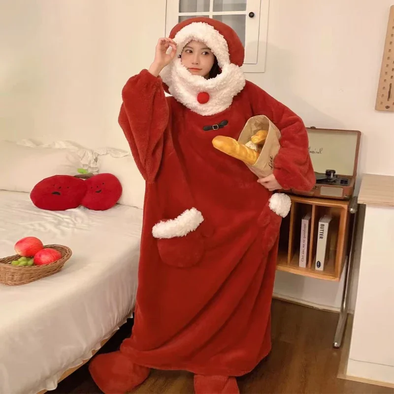 2024 Christmas Winter Pajamas Party Cute Santa Claus Robe Warm Fleece Jumpsuit Bathrobe Thick Fluffy Funny Xmas Gift Present