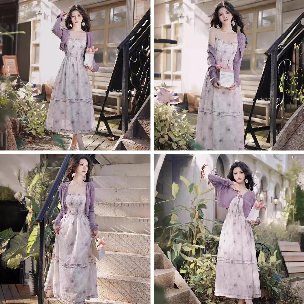 

French Purple Floral Camisole Dress for Women, Viscose Seaside Vacation Set